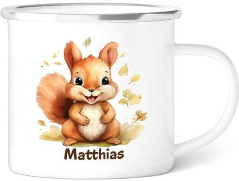 GRAVURZEILE Emaille Tasse für Kinder - Tiere Eichhörnchen - Personalisiert mit Namen - versch. Tiermotive zur Auswahl - 300 ml - Trinkbecher für Kinder - Geschenk für Jungen & Mädchen