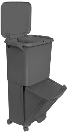Papelera de reciclaje de clasificación selectiva con pedal, ruedas y asa de doble compartimentos de 38L (24L + 14L) gris antracita