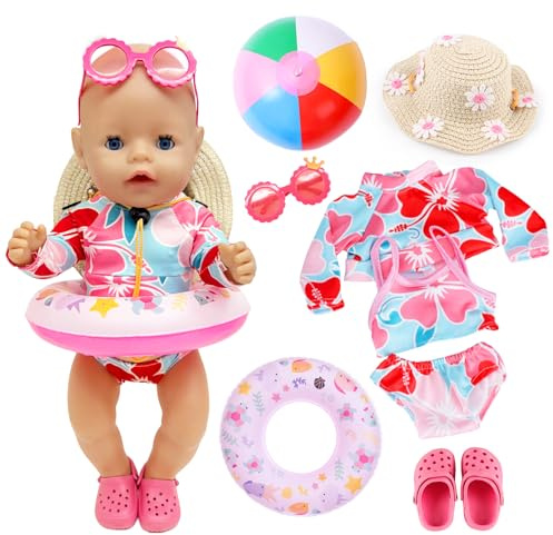 WanderGo Schwimm-Set 6 Stück Badeanzug Puppen Set Puppenkleidung Sommer mit Hut Strandball Schwimmring Schuhe Brille für 35–45 cm Puppen
