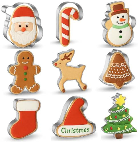 Christmas Cookie Cutters, 9 Pieces Large Christmas Cookie Cutters, Stainless Steel, Gingerbread Man, Tree, Snowflake, Candy Cane, Santa Claus, Snowman, Reindeer, Santa Hat and Bell