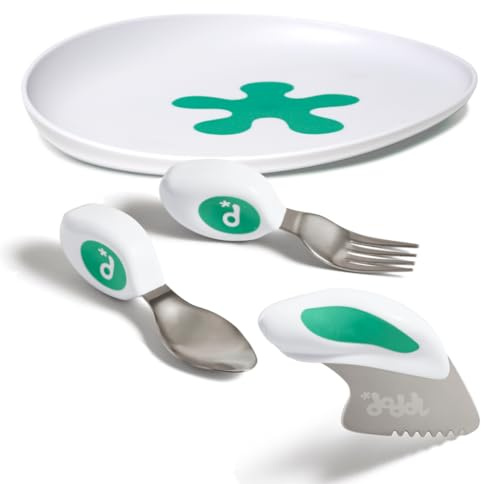 Doddl Cutlery Set for Children Toddlers & Babies 12 Months + 3 Piece Knife Fork & Spoon Cutlery Set Ergonomic Design to Promote Self-Feeding (Aqua + Plate, One Size)
