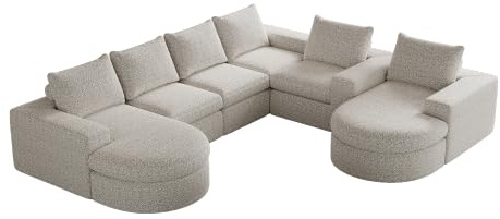 Modern 5-sitsig L-formad hörnsoffa hörnsoffa för vardagsrum, lägenhet, 322,5 × 271,7 × 81,2 cm, böjd schäslong, chenille-material, ramlös, ingen installation krävs (beige)