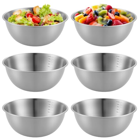 PORFOYO Lot De 6 Cul De Poule Inox, 2100 Ml Bols En Acier Inoxydable, Ø 22,5 Cm Saladiers En Acier Inoxydable, Bols Ronds En Avec Marques De Mesure, Saladier Inox Pour Salade, Collations