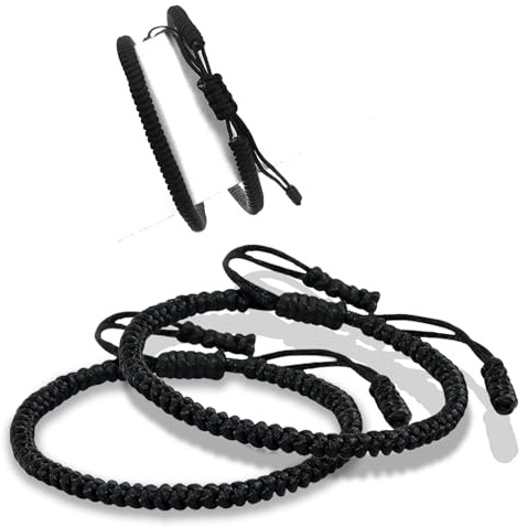 Nurhore Handmade Woven String Bracelets Pack of 2, Adjustable Friendship Womens Mens Rope Bracelets, Black Buddhist Braided Thread Men's Bracelet, Good Luck Boosting Bracelet with Adjustable Lengths