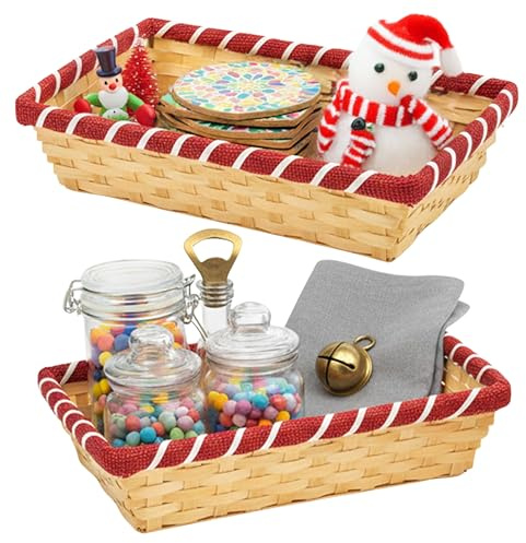 ADEPTNA Rectangle Wicker Hamper Christmas Basket Set of 2 – Handmade Natural Split Bamboo Storage Hampers with Red Decorative Trim – Xmas Holiday Baskets & Storage Boxes
