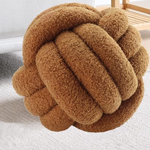 RTSFKFS Cuscino a sfera nodo Lana di Agnello for lancio a palla annodata Ultra morbida Boucle Palla Annodata a Mano for Sedia da Divano, Cuscini Decorativo con Sfera(Marrone,27cm/10.6)