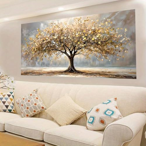 PEWFBS Grande formato dorato albero della vita foglia d'oro dipinto arte paesaggio naturale poster pittura quadri da parete soggiorno (70x140 cm/senza cornice)