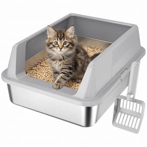 Lifewit Stainless Steel Cat Litter Box for Kitty, 17.7× 13.8× 8.3, Gray | Kitten Friendly Small Metal Litter Tray, Easy to Clean, with Scoop, Non-Slip Pads, Anti-Leakage Top Entry and High Sided