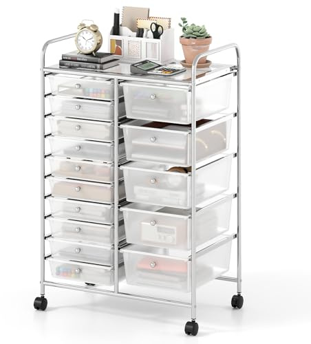TANGZON 15 Drawers Storage Cart, Multipurpose Mobile Organizer with Lockable Wheels, Utility Rolling Trolley for Home Office Stationery Beauty & Salon (Clear, 62x39x96cm)