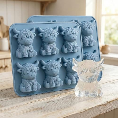 2 Pack Highland Cow Ice Cube Tray, Mini Ice Cube Mold Silicone for Whisky Cocktails, Funny Bar Ice Molds, Highland Cow Gifts for Men Dad (2 Pack Blue)