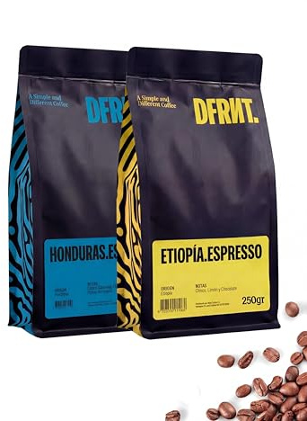 DFRNT Coffee Pack Café de Especialidad Etiopía + Honduras 2x250g — Café en Grano 100% Arábica, Tueste Artesanal para Espresso, Orígenes Únicos, Notas Florales, Cítricos, Chocolate y Caramelo — 500g