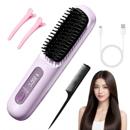 Cepillo Alisador Pelo Inalámbrico Portátil, Mini Plancha Pelo Cerámica | 140°C-200°C 3 Temperaturas con pantalla LED, Anti-Escaldado, Cepillo Alisador para Viaje y Todo Tipo de Cabello