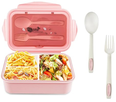 Aevorine Fiambrera con 3 Compartimentos y Cuchara Tenedor 1400ml, lunch box Sin BPA Hermetica fugas, bento box para Microondas y Lavavajillas, loncheras para Adultos Niños Escuela Trabajo, rosado