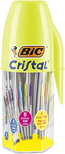 BIC Megatubo, Set Penne a Sfera Colorate Cristal Original (Punta 1mm), Cristal Fun e Fluo (Punta 1.6mm), Cancelleria Scuola e Casa, Idea Regalo, 20 Unità