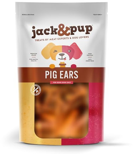 Jack&Pup - Orejas enteras de cerdo para perros, ingrediente único, masticables naturales para perros, 100% secadas al aire, sin granos y altas en proteínas, perros grandes a pequeños (10 unidades)