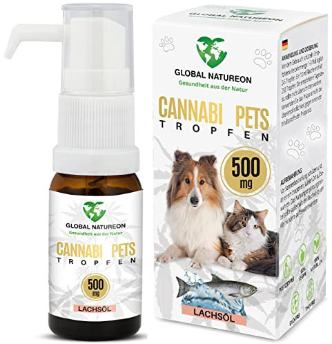GLOBAL NATUREON® Cannabiu Pets Lachsöl & Hanföl 500mg für Hunde und Katzen aus Samen, Tropfen für Balance und EIN glänzendes Fell, Omega 3,6 & 9, 100% Natürlich