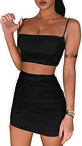 Dam 2-delat kläder set rynkad Cami magtröja bodycon kjol mini klubb klänning, Svart, L