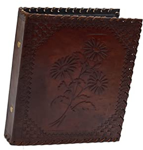 ROOGU Lederordner A5 – Blumenprägung * Herbarium Design * Handmade in Indien – Ringbuch aus Büffelleder – 2-Ring DIN A5 Aktenordner für Notizen & Dokumente