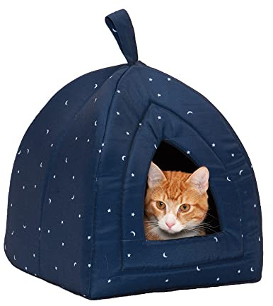 Furhaven Cat Bed Cave for Indoor Cats & Small Dogs, Washable & Foldable w/ Removable Cushion - Polycanvas Print Pet Tent - Night Sky, Small