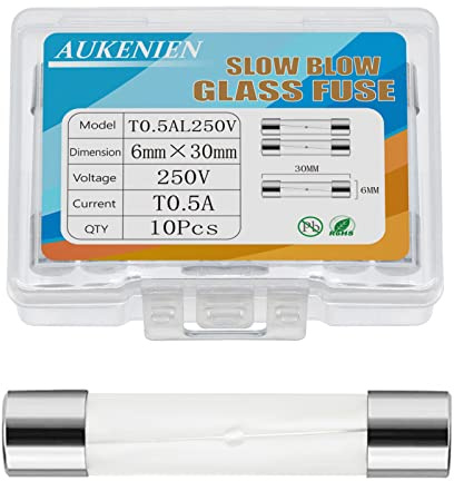 AUKENIEN 0,5A 0,5 Ampere 250V Träge Glassicherung 6x30MM T0.5A Sicherungen Glasrohrsicherung Feinsicherung Traege Glas Sicherung