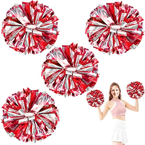 4 Stück Aufgewertete 30,5 cm Metallische Cheerleading Pom Poms, HOLENGS Cheerleader Pompons Cheer Poms für Kinder Erwachsene, Cheering Squad Pompons für Schulsport, Spiele, Tanzparty (Rot und Silber)