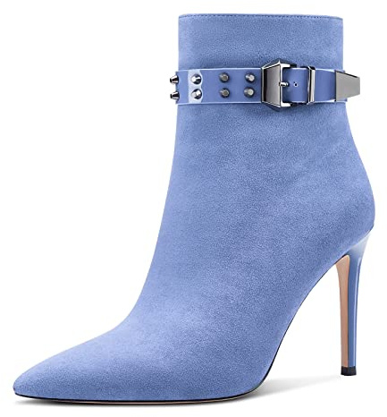 Aachcol Damen Niete Stiefeletten Stiletto Hoher High Absatz Heel Spitze Zehenkappe Reißverschluss Klassisch 10 CM Hellblau Wildleder 43 EU