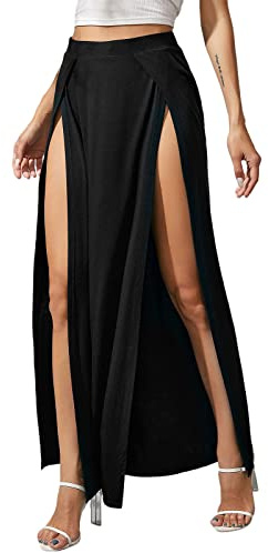 HodJIU Women's Double Split Maxi Long Skirt High Waist Ladies Plain Two Side Slit Skirts Beachwear (Black, S)