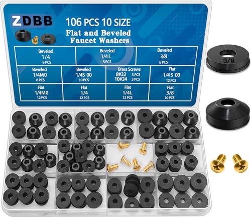 ZDBB 114 pcs Flat and Beveled Faucet Washers and Brass Bibb Screws Assortment for Use with Assorted Quick-Opening Style Faucets Stem Worn Out Washer Replacements Black