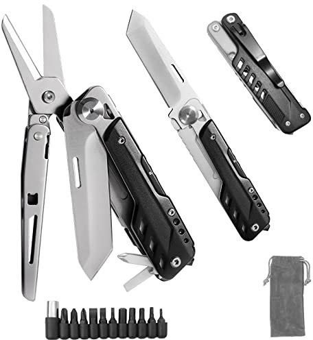 HONZIN Multitool 5 in 1 Coltello tascabile pieghevole multifunzionale, forbici pieghevoli, coltello geometrico staccabile in acciaio inox, con custodia con coulisse (Extra 11 punte di cacciavite)