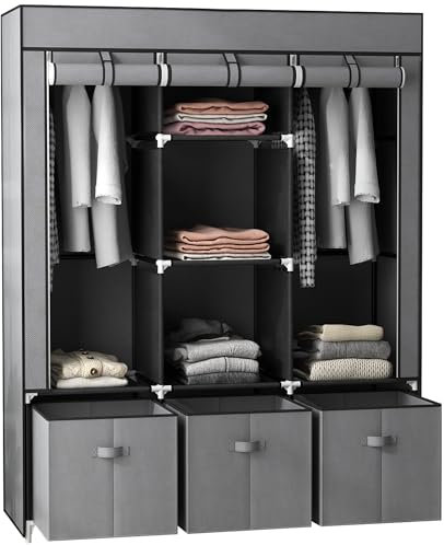 HOMCOM Kleiderschrank Stoffschrank mit Kleiderstange, Schubladen, Reißverschluss Faltschrank für Schlafzimmer, Ankleidezimmer, 125 x 43 x 162,5 cm, Dunkelgrau