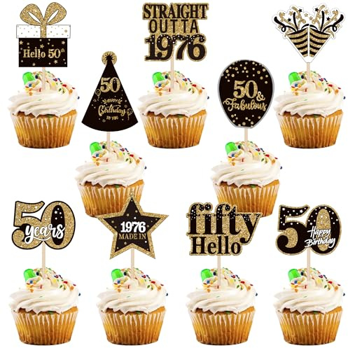Xsstarmi 36 Pack 50th Birthday Cupcake Toppers Double Printed Fifty Hello 50th Straight Outta 1976 Cupcake Picks for Cheers to 50 Years 50th Birthday Wedding Anniversary Party Decoration