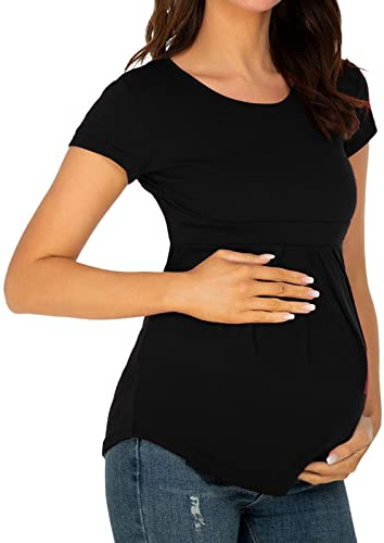 Damen Kurzarm Umstands T-Shirt Stillshirt Rundhals Stillkleidung Umstandsshirt Damen Umstandstop Bluse Oberteile T-Shirt Umstandstop Umstandsshirts Mutterschafts Kurzarm Schwangere T-Shirt (Black, M)