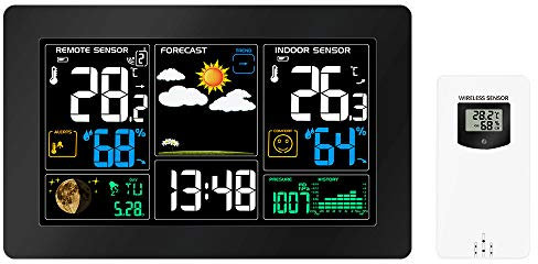 ATAAY Estación meteorológica con Sensor Externo de Radio, Pantalla Digital a Color Radio Reloj Estación meteorológica de Radio Multifuncional, termómetro, higrómetro con Calendario, Reloj desperta