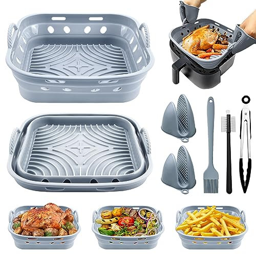 Foenwoen Silikonform Für Heißluftfritteuse, 22cm Air Fryer Silicone Pot Luftfritteuse Silikontopf mit Ofenhandschuhen, Küchenzange, Silikonpinsel, Einfache Reinigung, Airfryer Zubehör(Grau)