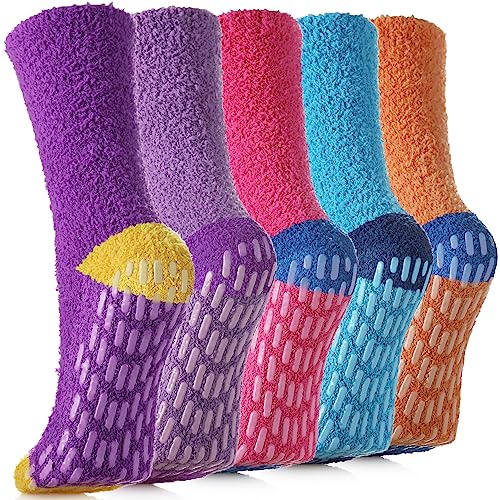 SDBING Non Slip Fuzzy Socks with Grips - Women's Hospital Slipper Socks (5 Pairs Multi-color)