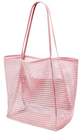 Soulnioi 23L Mesh Tote Bag Large Tote Bags with Zip Pocket for Women/Girls, Reusable Shopping Bag Shoulder Bag Summer Beach Bags for Travel/Grocery/Picnic, rose, Large