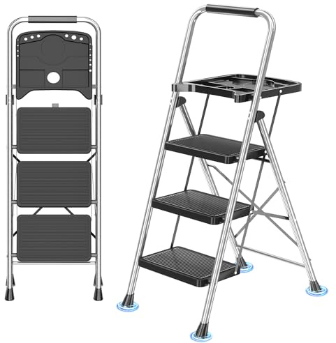 DIAMONDFORGE 3-Step Ladder Folding Step Stool with Tool Platform & Anti-Slip Wide Pedal, Heavy Duty Steel Construction, 600 lbs Capacity for Home & Office, Grey