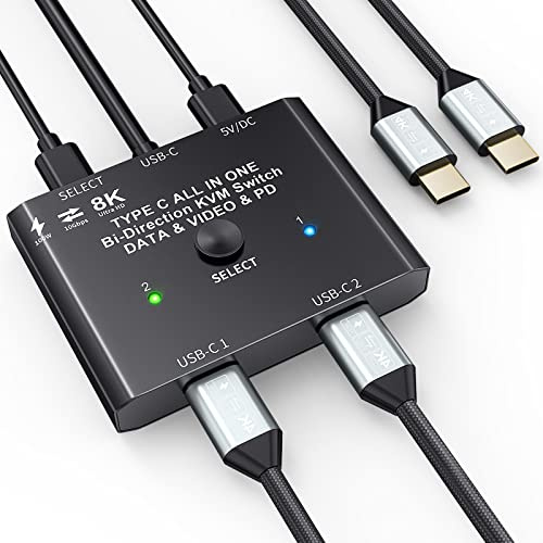 Commutateur KVM USB C 8K @ 60 Hz 4K @ 120 Hz, bidirectionnel USB C 2 PC, support vidéo/transfert de données 10 Gbps, charge 100 W, compatible avec les appareils Thunderbolt, livré avec 2 câbles USB-C