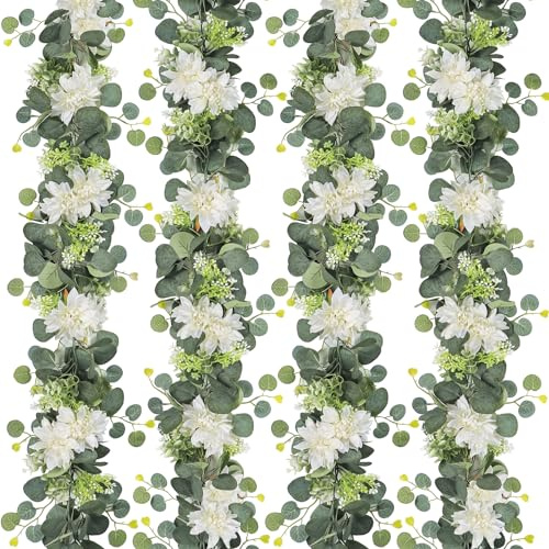LOMOHOO 4 Stück Blumengirlande Dahlien Girlande Künstliche Blumen Rustikale Blumenarrangements Kunstblumen Weiß Dahlien Hängende Girlande für Hochzeit Deko