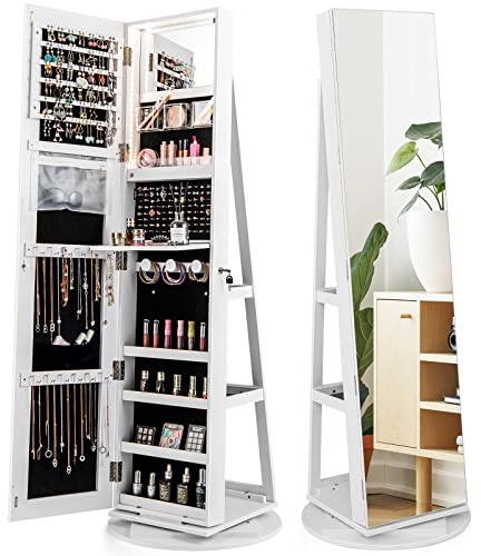 RELAX4LIFE Schmuckschrank mit 2 Spiegeln, 3 in 1 Spiegelschrank mit 3 farbigen LEDs, 360° Drehbar & Abschließbar, Schmuckorganizer mit 3 Regalen (Weiß)
