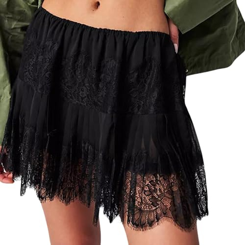 Loalirando Kurzer Rock aus Spitze für Damen, transparent, Vintage, Mini-Plissee, elegant, Sommer, Strand, Pareo, Schwarz , S