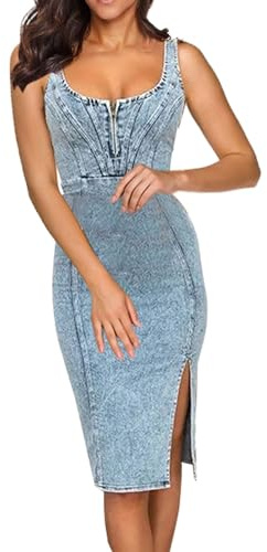 YEBIRAL Jeanskleid Damen Sommer Knielang Kleid mit Schlitz Ärmellos Jeans Kleider Sexy Rundhals Reißverschluss Enges Kleider Casual Sommerkleid Stretch Jeanshemd Kleid Rückenfreies Denim Kleid