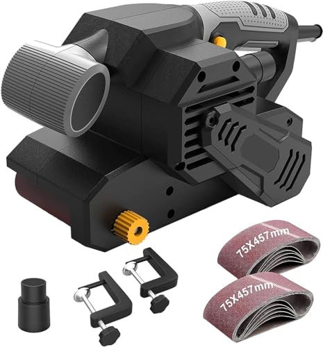 Amoladora, Lijadora de Banda 650 W, Velocidad de Banda 280 m/min, Superficie de Lijado 142 x 76 mm, Bandas de Lijado de 12 Piezas y Bolsa for el Polvo, Lijadora de Banda y Mesa 2 en 1