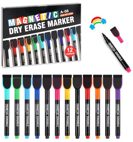 Werfunee Whiteboard Marker - Folienstift Abwischbar - Whiteboard Stifte - Trocken Abwischbare Marker mit Schwamm - Magnetisch Flipchart Stifte, 12 Farbe für Zuhause Schule Büro