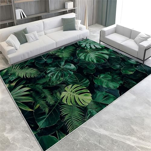 Dunkelgrün Teppich Wohnzimmer 60 x 90 cm Monstera Farn Waschbar Weicher Teppich, rutschfest Kurzflor Teppiche - Robust & Pflegeleicht für Schlafzimmer Kinderzimmer Küche