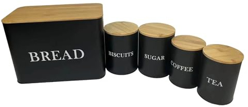 Kabalo Bread Bin Biscuit Barrel Tea Coffee Sugar Canisters Tins Air Tight 5 Piece Set