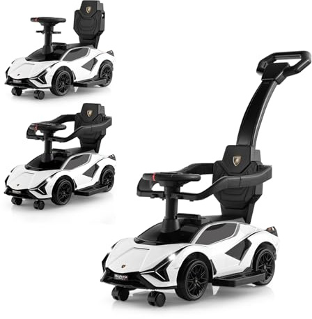 DREAMADE 3-in-1 Rutschauto Lamborghini, Rutschfahrzeug mit Schiebestange, Musik, Lichter & Sicherheitsbügel, Schiebauto für Kinder 18-60 Monate, belastbar bis 25kg (Weiß)