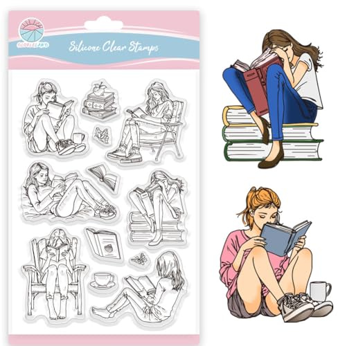 GLOBLELAND Lady and Books - Sellos transparentes de silicona para lectura de libros, sellos transparentes para manualidades, álbumes de recortes y tarjetas, álbum de fotos, diario, 16 x 11 cm