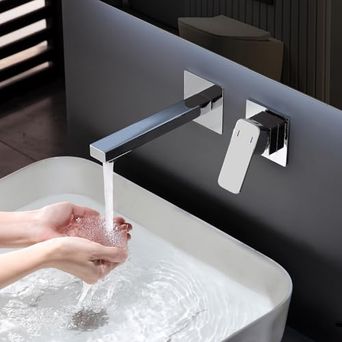 ROVOGO Waschtischarmatur Unterputz für Wandmontage, 2-Loch Wasserhahn Bad aus Edelstahl 304, Einhebel Mischbatterie Waschbecken, Unterputz Bad Armatur Waschtisch, Wandarmatur Chrom