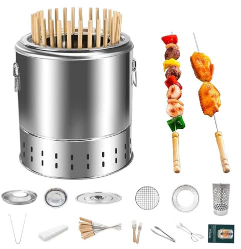 Barbecue Vertical à Charbon de Bois sans fumée, poêle Suspendu, Four divisé en Acier Inoxydable avec brochettes à brochettes, Barbecue à rôtir Tout Autour à 360 ° pour Le Camping